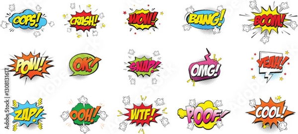 Fototapeta Set of comic bubble speech clouds. Onomatopoeia. Cartoon oops, crash, wow, bang, pow, snap, omg, yeah, wtf and cool comic sign vector set