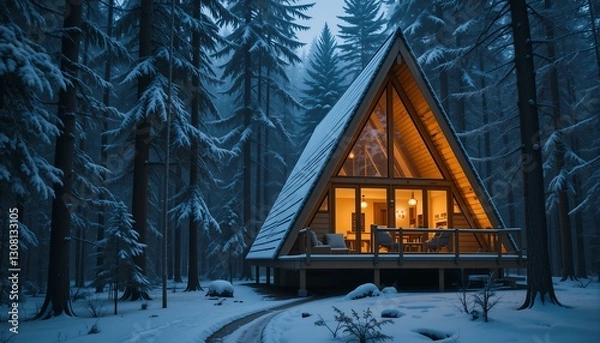 Obraz Cozy A-Frame Cabin in Snowy Forest: Winter Getaway Escape
