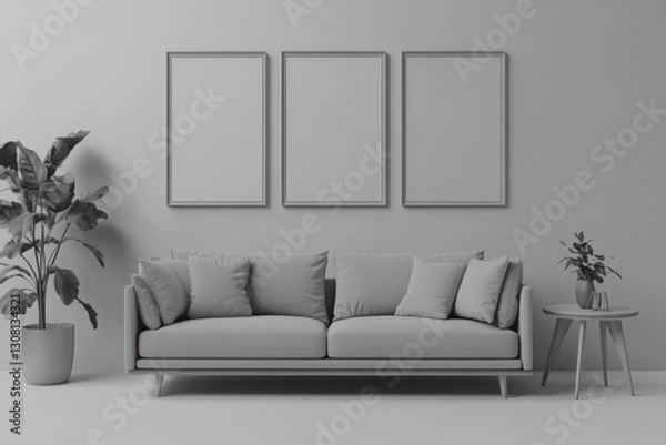 Fototapeta Gray minimalist living room mockup with three framed prints and a sofa.