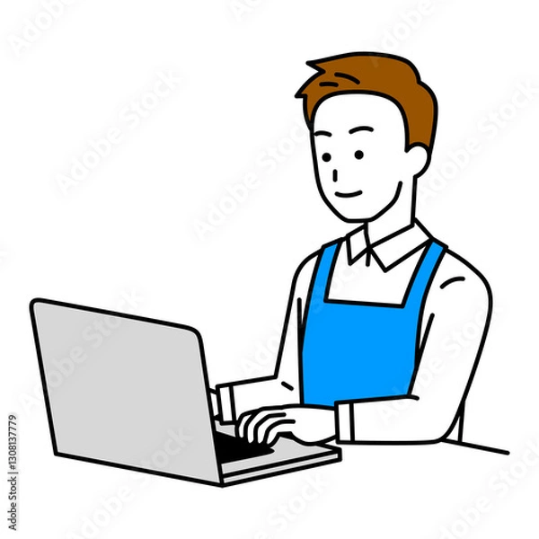 Fototapeta ノートパソコンを操作するエプロン姿の男性