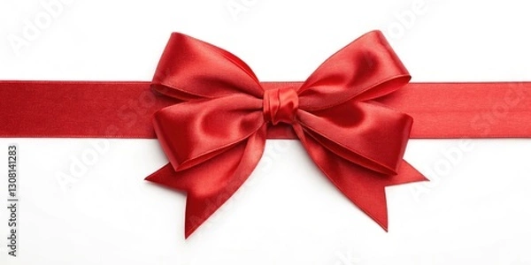 Fototapeta Luxurious Red Satin Ribbon Bow, Horizontal Band, White Background - High Resolution Image