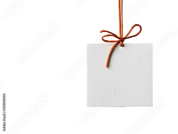 Fototapeta A blank gift card suspended by a knotted red rope against a clean white backdrop, ideal for adding a festive touch to your holiday decorations.