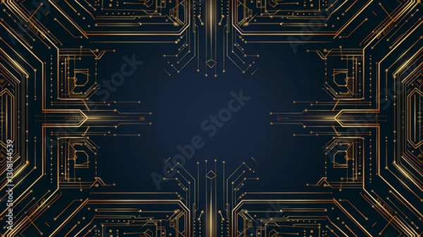 Fototapeta Futuristic Gold Circuit Board Pattern on Dark Blue Background for Technology and Innovation