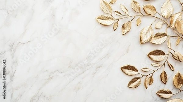 Fototapeta Elegant Gold Foil Leaves Design on Marble Texture, with Space for Custom Text and Branding Use in Invitations or Marketing Materials