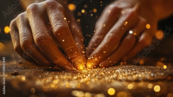 Fototapeta A jeweler hands delicately setting gemstones into a gold ring, with fine tools and gold dust scattered around. The image conveys the meticulous process of fine gold jewelry creation.