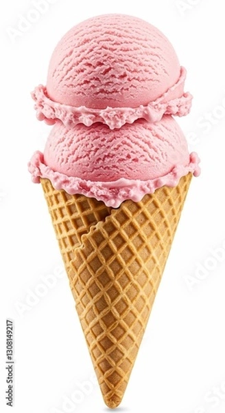 Fototapeta Pink strawberry ice cream scoops served on a crispy waffle cone isolated on white background

