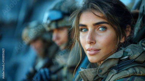 Fototapeta Close-up portrait of a female soldier with blue eyes, wearing a military uniform and tactical gear. She looks confident and determined, with fellow soldiers blurred in the background