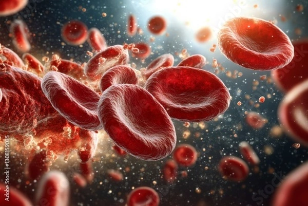 Obraz Detailed Close-Up of Human Blood Cells in Motion Against a Bright Abstract Background
