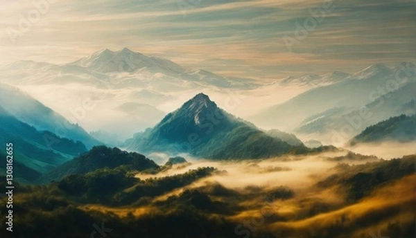 Fototapeta Majestic mountain landscape digital art with blue and green hues, lush greenery, and wispy clouds, evoking a serene atmosphere.