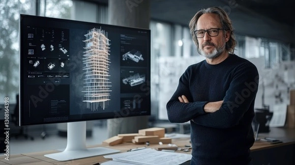 Fototapeta BIM specialist stands confidently in contemporary workspace, showcasing advanced architectural designs on large screen