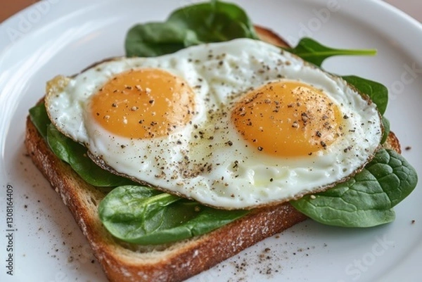 Fototapeta Freshly Cooked Eggs on Toast with Spinach and Seasoning