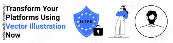Fototapeta GDPR shield with lock, thoughtful woman holding chin, user avatar outline. Ideal for data security, privacy rights, legal updates, online platforms, user protection, compliance systems flat landing