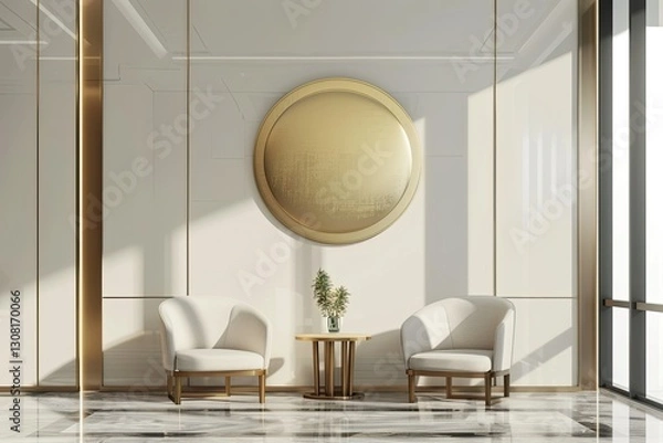 Fototapeta High Resolution of 3D Gold Wall Logo Mockup in the Modern Office Lobby Waiting Room