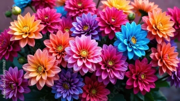Fototapeta Vibrant Rainbow of Dahlia Blooms in Full Blossom, a Stunning Display of Nature's Colorful Palette