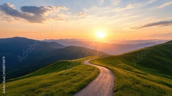 Obraz Winding road on mountain ridge at sunset. Scenic view of rolling hills, vibrant sky, and sun rays.