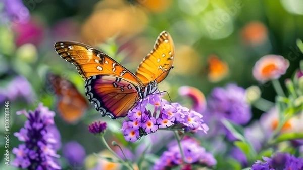 Fototapeta Colorful butterfly perched on a vibrant flower in a lush garden during sunny spring day