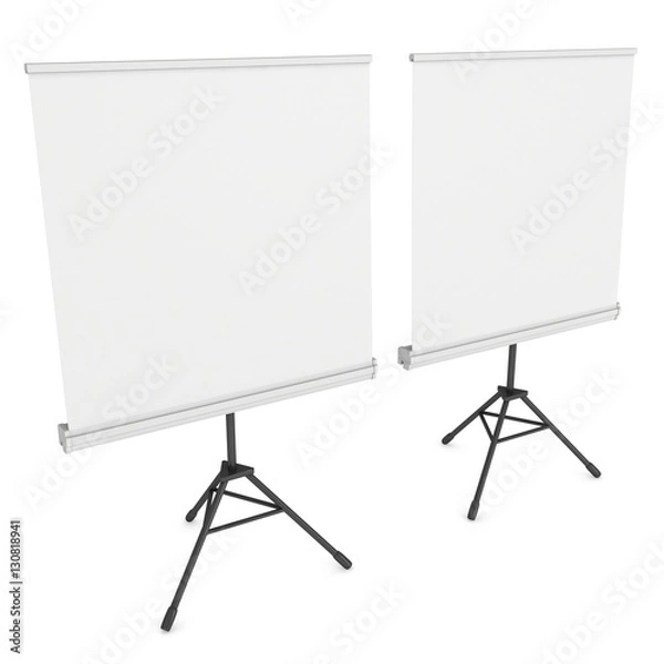 Obraz Blank Roll Up Expo Banner Stand on Tripod. Trade show booth white and blank. 3d render illustration isolated on white background. Template mockup for your expo design.