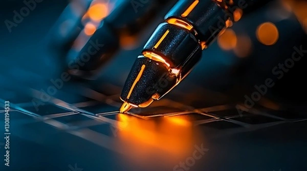 Fototapeta Robotic pen writing on digital surface futuristic lab macro photography high-tech environment close-up view innovation concept