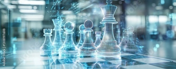 Fototapeta A futuristic chessboard with transparent pieces showcasing strategic gameplay and digital innovation.