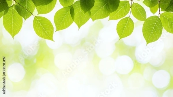 Fototapeta Bright Green Leaves on Branches Against a Soft Bokeh Background
