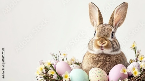 Fototapeta Brown rabbit sitting in a nest of pastel Easter eggs and delicate flowers against a light gray background. 