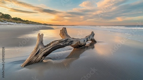 Fototapeta Driftwood on Serene Beach at Dusk with Colorful Sky Reflection