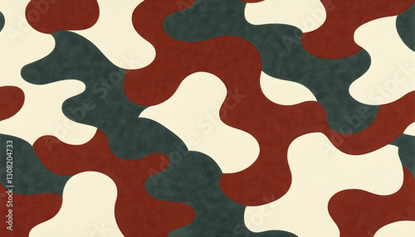 Fototapeta Abstract camouflage pattern in earthy tones; red, cream, and green. Seamless design ideal for fabric, wallpaper, or digital projects.