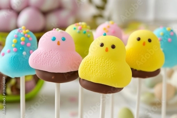 Obraz Close up of pastel colored chick shaped cake pops on sticks, decorated with sprinkles. Easter themed treats on a white background