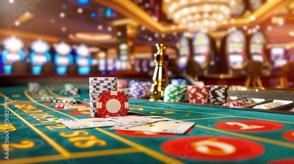 Fototapeta vibrant casino scene with poker chips, playing cards, and roulette table, capturing excitement and energy of gambling. background is filled with colorful lights and slot machines