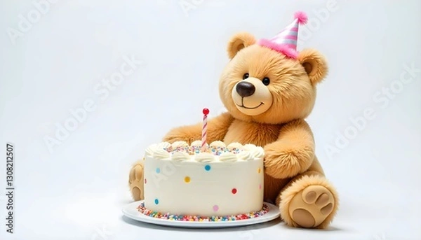 Obraz A chubby, friendly bear with soft fur sits calmly, holding a large birthday cake