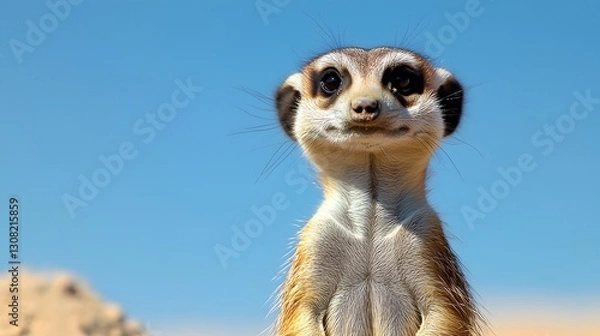 Fototapeta Close-up of a alert meerkat standing on its hind legs with an expressive face in a natural habitat setting