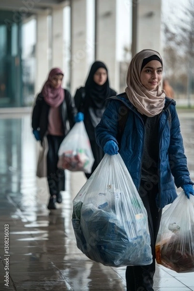 Obraz A group of teenagers takes out trash bags, carrying them carefully to the bins outside. Their faces show pride in contributing to the mosque
