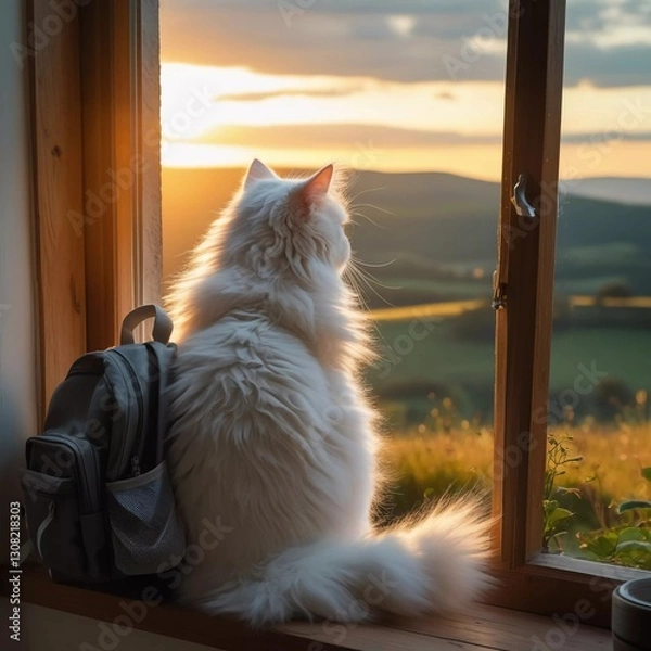 Fototapeta Window to Wonder: A fluffy white cat gazes out of a window at a stunning sunset view, with backpack adding a touch of travel and exploration to the scene.