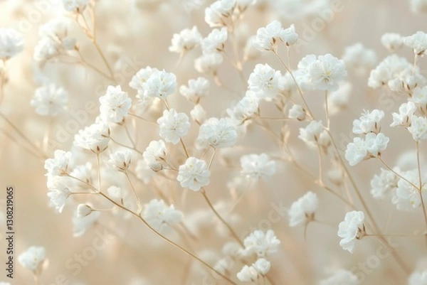 Obraz A graceful arrangement of tiny white flowers on slender stems, set against a soft, blurred background, creating a peaceful atmosphere perfect for conveying calmness and seasonal themes.
