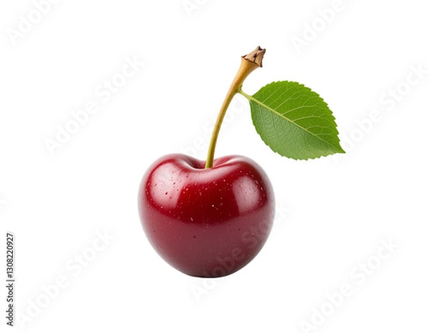 Fototapeta close up of cherry fruit with leaf isolated on transparent or white background