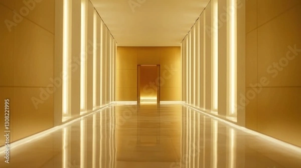 Fototapeta Luxurious gold hallway with LED lighting and shiny floor.
