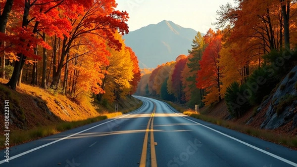 Fototapeta A highway winding through a beautiful autumn landscape with vibrant fall foliage, capturing the essence of the season.  Depth and mood, vibrant colors, golden hour lighting, atmospheric perspective, c