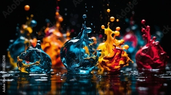 Obraz Color bursts and paint splashes, vibrant hues on dark, wet surface. Motion frozen, art in liquid moment.