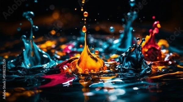 Obraz a dynamic splash of vibrant colors against a dark, reflective surface. Splashes of paint, in shades of blue, orange, red, and pink, are frozen mid-air, creating a sense of motion and energy.
