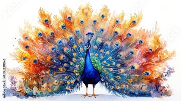 Obraz Watercolor Peacock Displaying Colorful Feathers