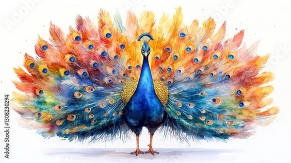 Obraz Watercolor Peacock Displaying Colorful Tail