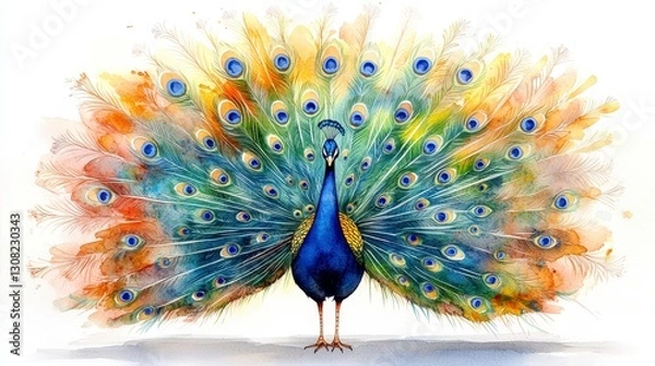 Obraz Watercolor Peacock With Fanned Tail Displaying Vibrant Colors