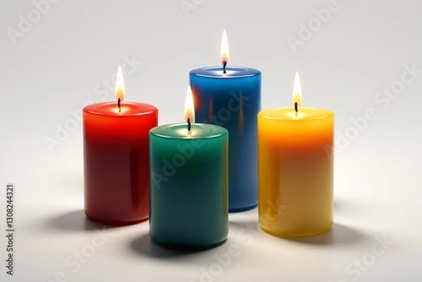 Fototapeta three candles are lit in different colors on a white surface