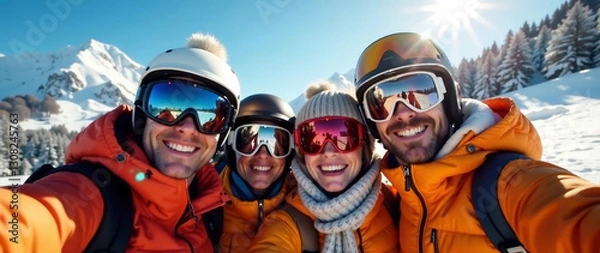 Fototapeta Generate an AI photo of a group of friends taking a funny selfie on a sunny ski trail.  Positive, joyful expressions.  Bright, natural lighting.  Focus on depth and mood of a fun, snowy vacation.  Sty