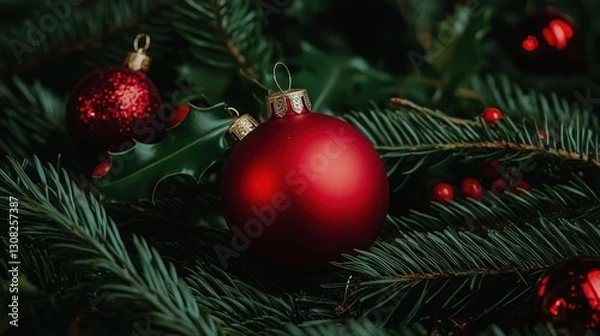 Obraz Red Christmas ornaments nestled in evergreen boughs and holly.