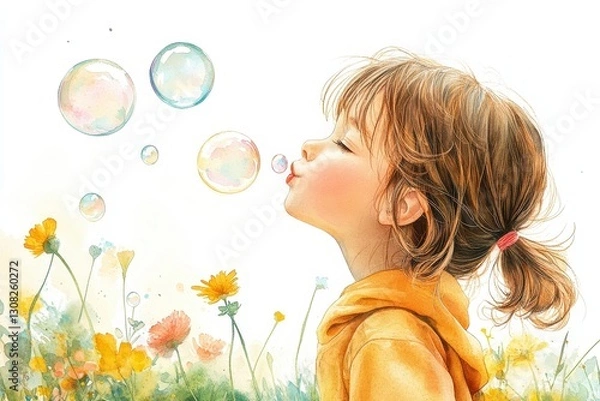 Obraz Young Girl Blowing Bubbles In Wildflower Field