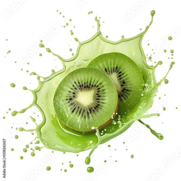 Fototapeta A green kiwi is sliced in half and placed in a green liquid. The kiwi slices are surrounded by a splash of green liquid, creating a vibrant and refreshing image
