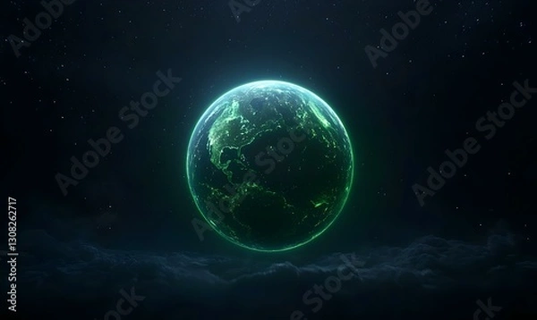 Obraz Green Glowing Earth Surrounded by Stars in Dark Cosmic Space