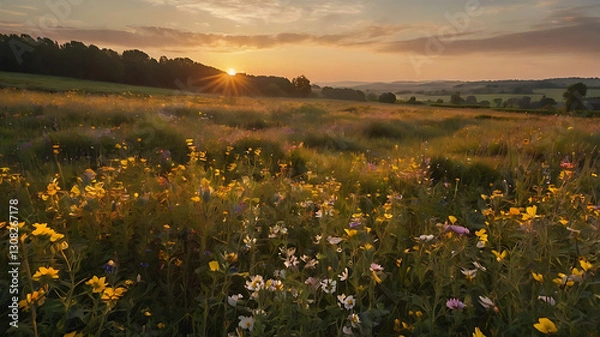 Obraz Sunrise over a colorful wildflower field with hills in the background