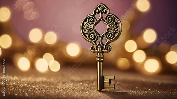 Fototapeta Intricate vintage house key with elegant design against a bokeh background of warm lights